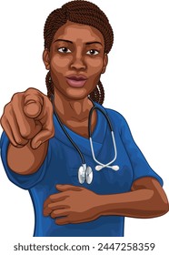 A black woman doctor or nurse medical healthcare health professional in scrubs pointing in a classic needs you pose