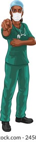 A black woman doctor or nurse medical healthcare health professional. Dressed in scrubs and PPE mask pointing in a classic needs you pose