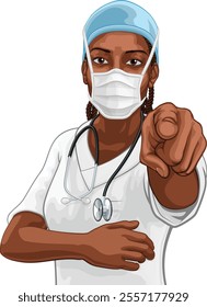 A black woman doctor or nurse medical healthcare health professional. Dressed in scrubs and PPE mask pointing in a classic needs you pose