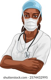 A black woman doctor or nurse medical healthcare health professional in scrubs mask and ppe illustration