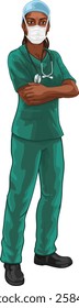 A black woman doctor or nurse medical healthcare health professional in scrubs mask and ppe illustration