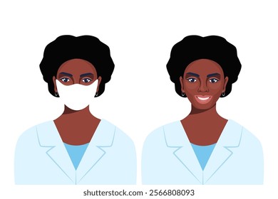 Black Woman, doctor or nurse portrait in medical robe, who is wearing face mask, and without face mask. Vector illustration