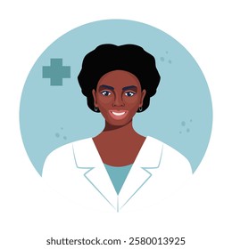 Black woman doctor round avatar. Medicine flat avatar with female doctor. Medical clinic team. Round icon medical collection, vector illustration