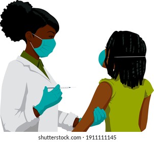 A Black woman doctor in a white lab coat, gloves, and face mask prepares an injection syringe needle to vaccinate treat a Black woman patient in a green blouse shirt, face mask, and locs.