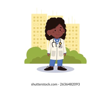 Black woman doctor in work uniform. Against the background of the city. Vector graphics.