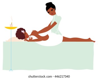 Black woman doing back massage to black woman. 