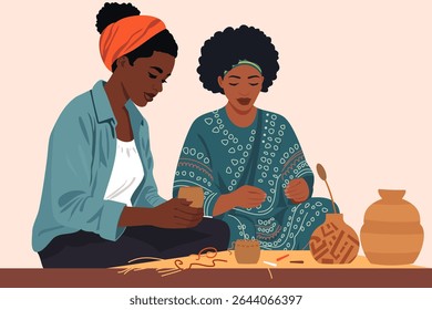 Black woman doing basket weaving in a local craft shop on holiday in Africa for a slow travel concept. African American tourist learning about skill, culture and art in a small business on a vacation
