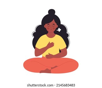 Black woman doing breathing exercise. Woman meditating in lotus pose. World yoga day, mental wellness. Hand drawn vector illustration