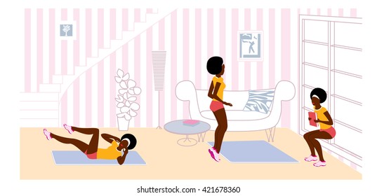 Black woman doing fitness workout in the Room interior. Vector illustration. Home gym. Staying at home concept. 