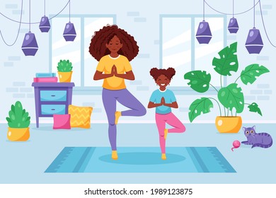 Black woman doing yoga with daughter in cozy interior. Family spending time together. Vector illustration svg