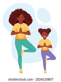 Black woman doing yoga with daughter in cozy interior. Family spending time together. Vector illustration