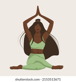 Black woman doing yoga exercises vector illustration. Female character meditation on lotus pose.