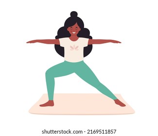 Black woman doing yoga. Healthy lifestyle, self care, yoga, meditation, mental wellbeing. Hand drawn vector illustration 
