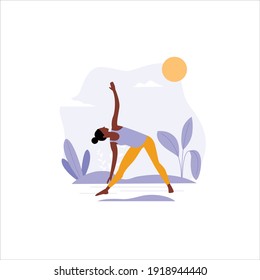 Black woman doing yoga in nature and leaves. Concept illustration for practicing yoga, healthy lifestyle. Colorful yoga concept for app, web design. Vector illustration in flat