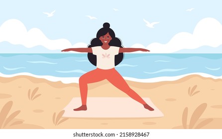 Black woman doing yoga on beach. Hello summer, summer leisure, vacation. Healthy lifestyle, self care, yoga, meditation. Hand drawn vector illustration