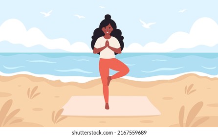 Mujer negra haciendo yoga en la playa. Hola verano, ocio de verano, vacaciones. Estilo de vida saludable, autocuidado, yoga, meditación. Ilustración vectorial dibujada por mano