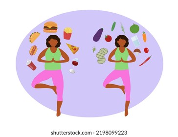 Mujer negra haciendo yoga en la posición del árbol ANTES y DESPUÉS. Grasas antes de la pérdida de peso con alimentos no sanos y después de la pérdida de peso con alimentos sanos.