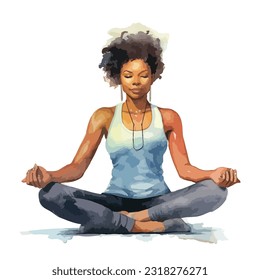 Black woman doing yoga workout in watercolor illustration