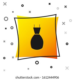 Black Woman dress icon isolated on white background. Clothes sign. Yellow square button. Vector Illustration