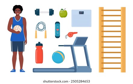 Black Woman dressed in sports clothes. Gym sport fitness exercise workout equipment set icons. Treadmill, dumbbells, fitness bracelet, ball, sneakers, jump rope, bottle, whistle, apple. Vector