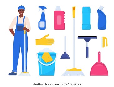 Mujer negra vestida de uniforme con fregona. Trabajador del servicio de limpieza. Herramientas de limpieza y detergente. Cubo, cuchara, cepillo, polvo de lavado, botella de spray, esponja, raspador de vidrio, guantes de goma. Vector