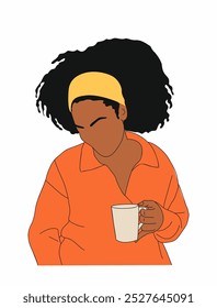 Black woman drinking coffee, tea. Pretty african american girl with cup of hot beverage drink. Outline colored vector drawing isolated on white background.