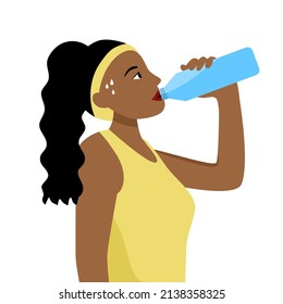 Black woman drinking water from bottle after exercising in flat design. Thirsty and dehydration. Drink more water campaign.