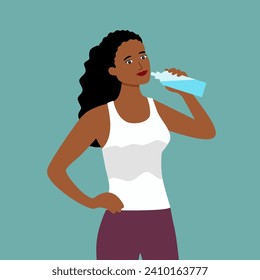 Mujer negra bebiendo agua de una botella después de hacer ejercicio en diseño plano. Sed y deshidratación. Toma más campaña de agua.