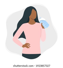 Black woman drinks water from bottle flat style vector illustration. Drink more water concept isolated on white background.