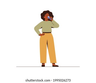 Black woman drinks water from a glass with pleasure. African American girl quenching thirst at home or in office. Concept of healthy lifestyle and prevention of dehydration. Vector illustration