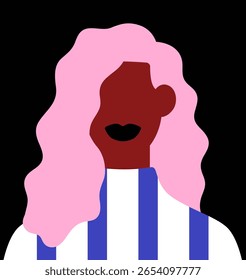 Mulher negra com cabelo encaracolado tingido, lábios, retrato de rosto abstrato. Personagem jovem sem rosto feminino com penteado ondulado longo, avatar de cabeça. Menina estilo moda moderna, pôster. Ilustração de vetor plano