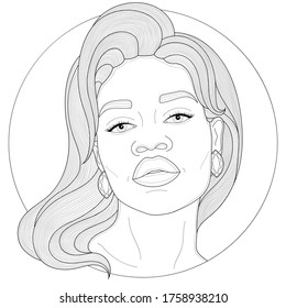 Black woman with earrings.Coloring book antistress for children and adults. Illustration isolated on white background.Black and white drawing.Zen-tangle style.