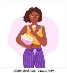 Black woman eating ice cream and holding big bucket of popcorn. Food craving, increased appetite. Flat cartoon character. Hand drawn vector illustration.