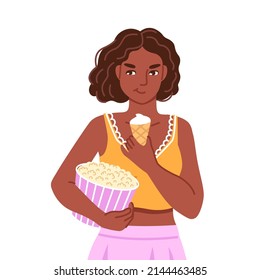 Black woman eating ice cream and holding big bucket of popcorn. Food craving, increased appetite. Flat cartoon character. Hand drawn vector illustration.