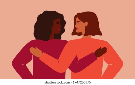 A black woman embraces her friend and they look to each other. Concept of fighting for equality and female empowerment movement. Vector illustration