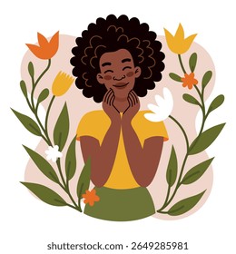 Black woman embracing herself in flat vector style. Illustration about self-love, confidence, and empowerment. Perfect for body positivity, mental health, and diversity themes. Clean, modern design