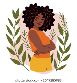 Black woman embracing herself in flat vector style. Illustration about self-love, confidence, and empowerment. Perfect for body positivity, mental health, and diversity themes. Clean, modern design