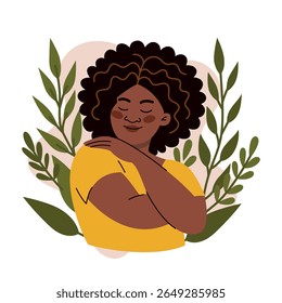 Black woman embracing herself in flat vector style. Illustration about self-love, confidence, and empowerment. Perfect for body positivity, mental health, and diversity themes. Clean, modern design