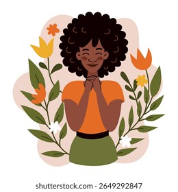 Black woman embracing herself in flat vector style. Illustration about self-love, confidence, and empowerment. Perfect for body positivity, mental health, and diversity themes. Clean, modern design