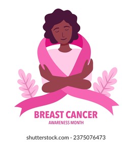 Black woman embracing herself with pink ribbon. Breast cancer awareness month.