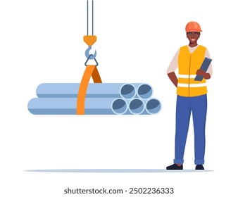 Black woman engineer or manager looking for process of metal pipes transportation and loading. Construction worker wearing protective helmet and clothes. Vector illustration