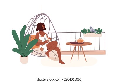 Black woman enjoying cup of tea at home balcony. Girl relaxing with drink, sitting in hanging basket chair alone in solitude at leisure. Flat graphic vector illustration isolated on white background