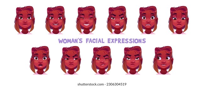 Black woman face expression cartoon vector set. Female african character facial illustration with different emotions. Happy, sad, angry and confused young girl adult mood avatar portrait collection