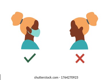 Black Woman face in a medical mask and without. The prohibition of being without a mask. Protection and health. flat vector illustration