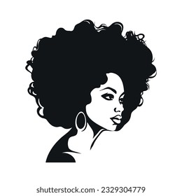 Cara de mujer negra. Retrato de una mujer afroamericana con un hermoso rostro. El peinado natural. Silusión simple de silueta negra. Estilo de caricatura. Ilustración vectorial sobre fondo blanco aislado.