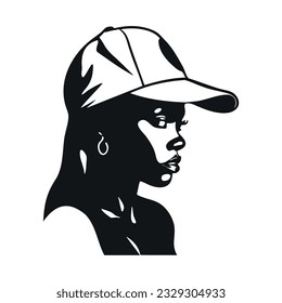 Black woman face. Portrait of african american woman with cap on head. Natural hairstyle. Simple black silhouette graphic. Cartoon style. Vector illustration on white isolated background.