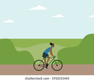 Black Woman In Facemask Riding Bicycle Through Park In Spring Time. Healthy Active Lifestyle. New Reality. Spring Sport Activity. Colorful Modern Vector Illustration In Cartoon Flat Style.