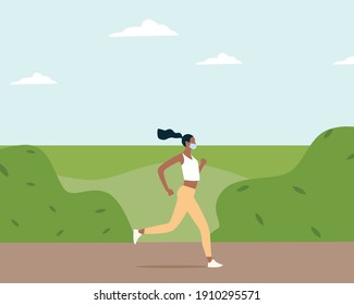 Black woman in facemask running or jogging through park wearing sportswear. Healthy active lifestyle. New reality. Spring sport activity. Colorful trendy modern vector illustration flat style.