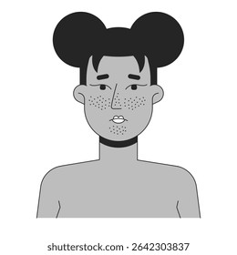 Mulher negra rosto blackheads esboço ilustração. Surto cutâneo. Problema de acne cutânea. Mulher afro-americana obstruída poros 2D personagem da linha isolado em branco. Imagem linear de tinta vetorial monocromática