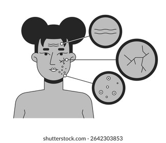 Mulher negra pele facial condições diagrama linha ilustração conceito. Rugas, capilares quebrados, acne. Mulher afro-americana delineia personagem 2D isolada. Arte vetorial de metáfora linear de tinta